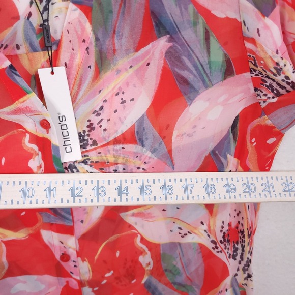 Chicos Pleated Sleeve Blouse Dreamy Lily Floral Watermelon Punch Red Pink 1.5 - Picture 4 of 15